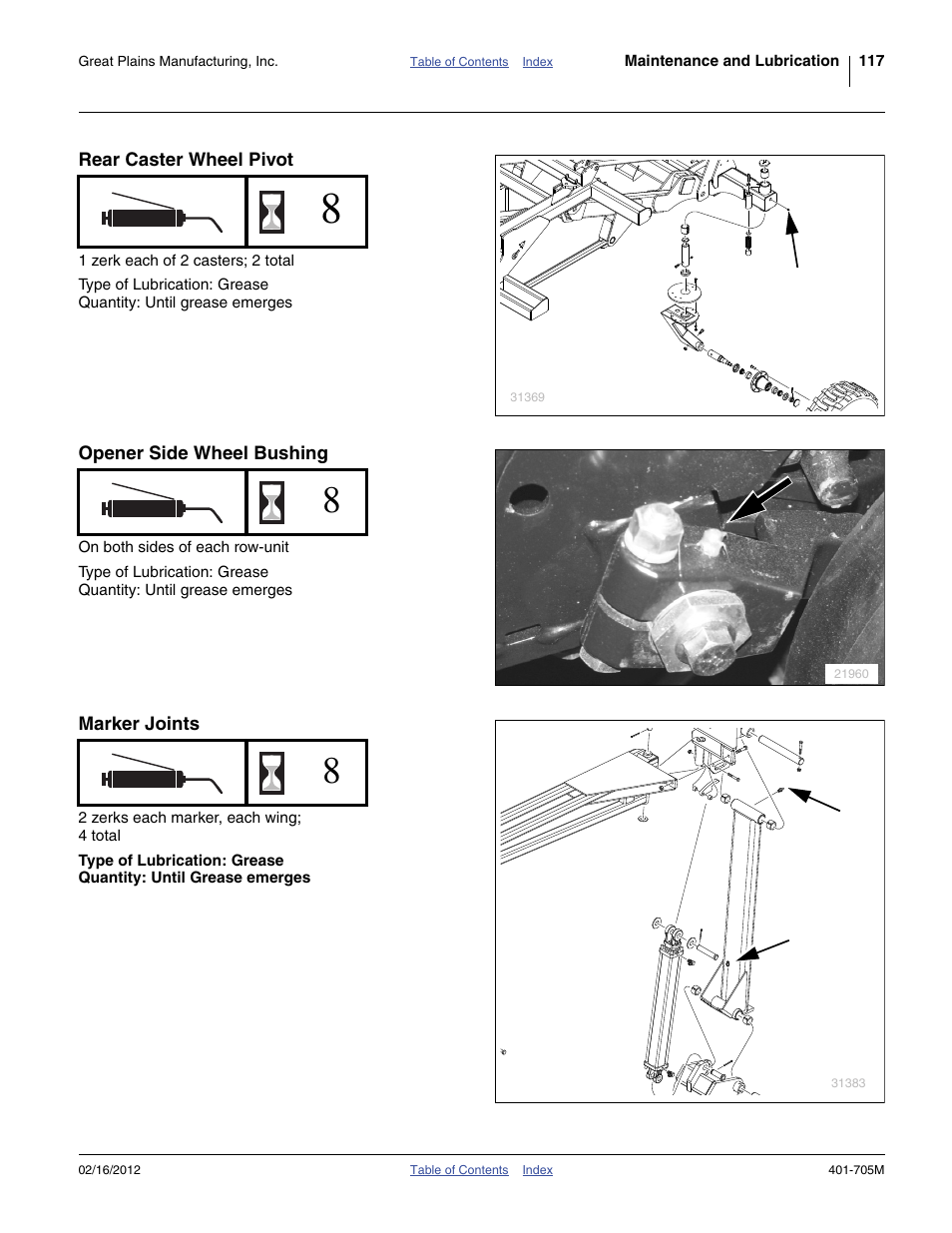 Rear caster wheel pivot, Opener side wheel bushing, Marker joints | Great Plains YP3025A Operator Manual User Manual | Page 121 / 190