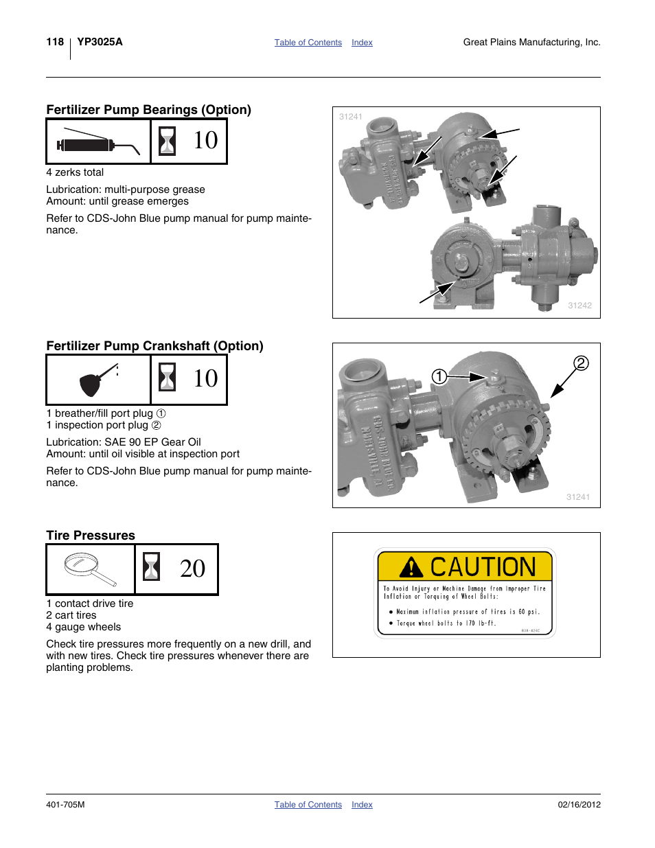 Fertilizer pump bearings (option), Fertilizer pump crankshaft (option), Tire pressures | Great Plains YP3025A Operator Manual User Manual | Page 122 / 190