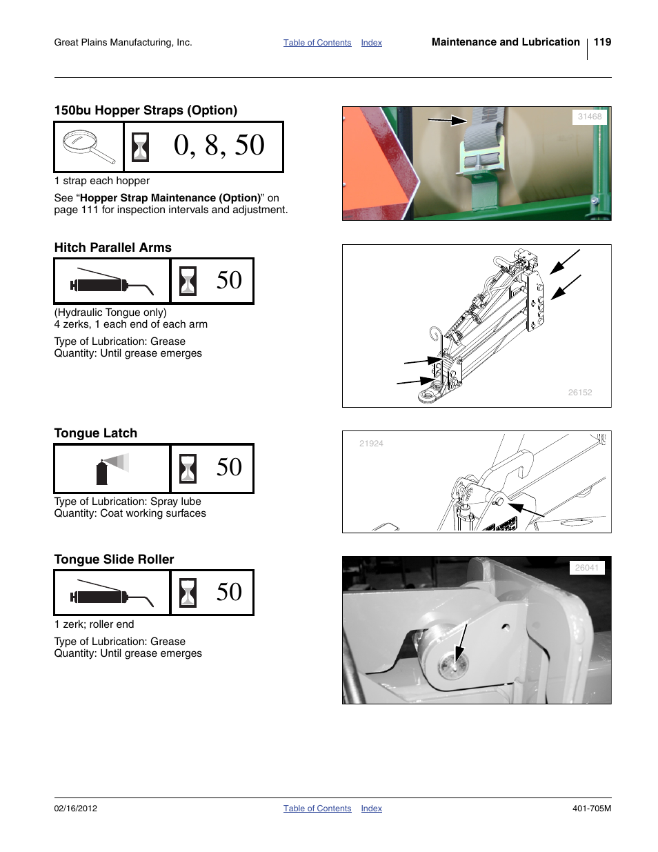 150bu hopper straps (option), Hitch parallel arms, Tongue latch | Tongue slide roller | Great Plains YP3025A Operator Manual User Manual | Page 123 / 190