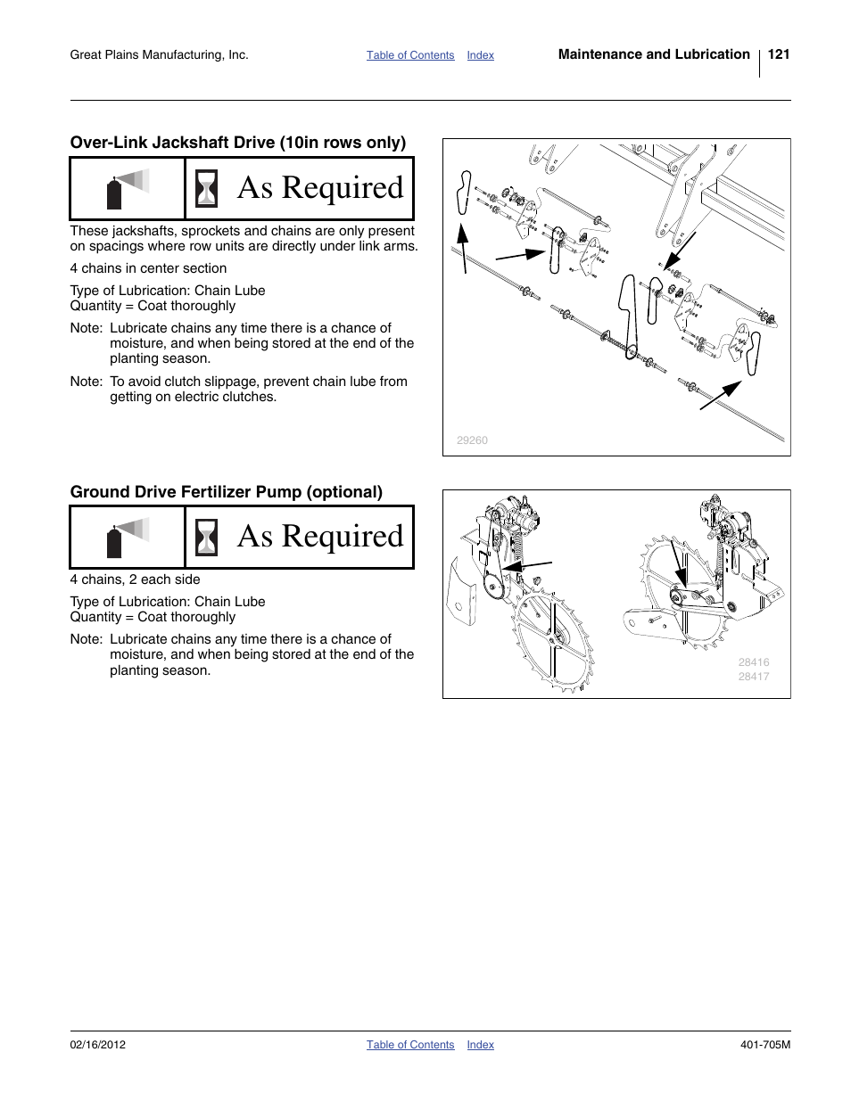 Over-link jackshaft drive (10in rows only), Ground drive fertilizer pump (optional), As required | Great Plains YP3025A Operator Manual User Manual | Page 125 / 190