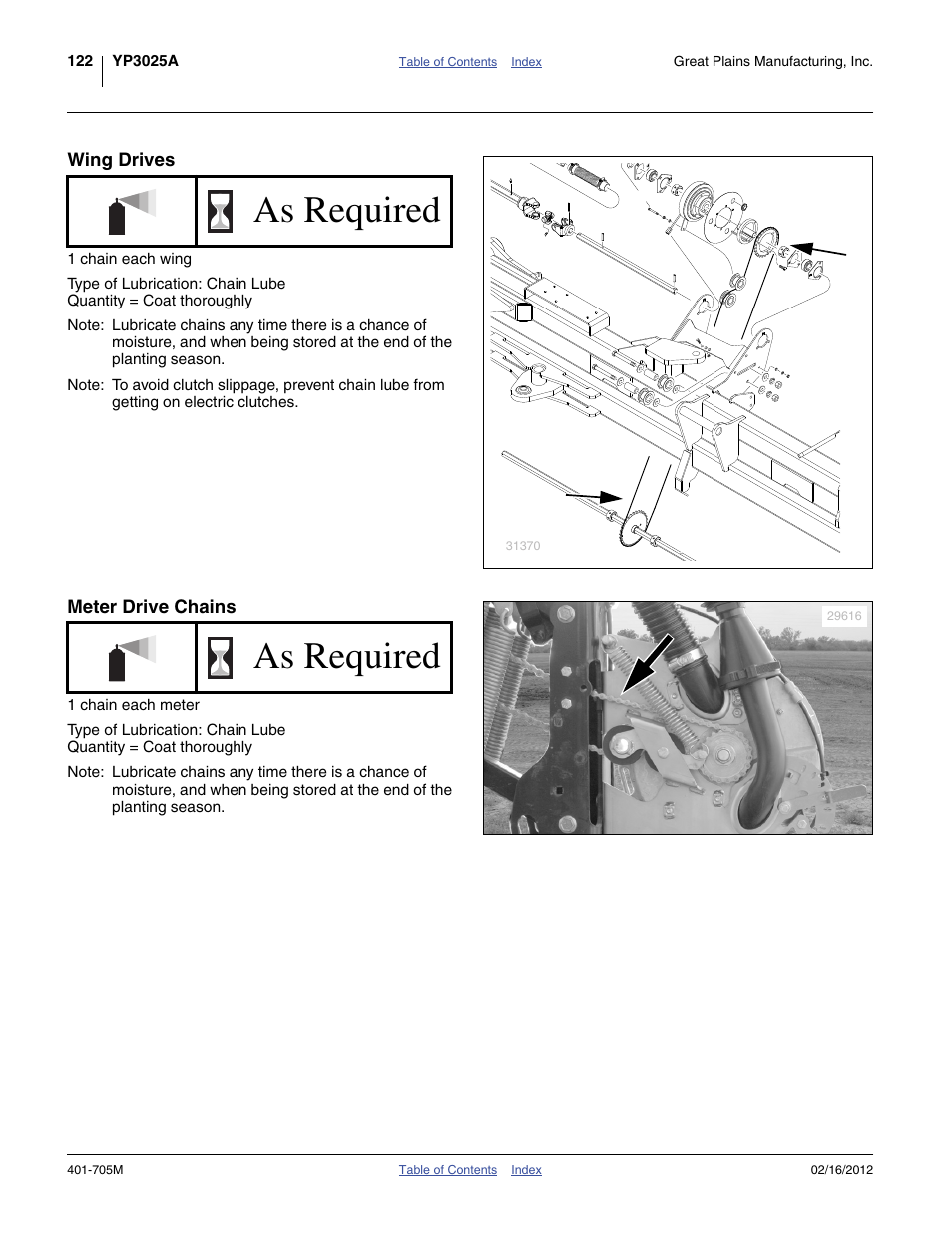 Wing drives, Meter drive chains, As required | Great Plains YP3025A Operator Manual User Manual | Page 126 / 190