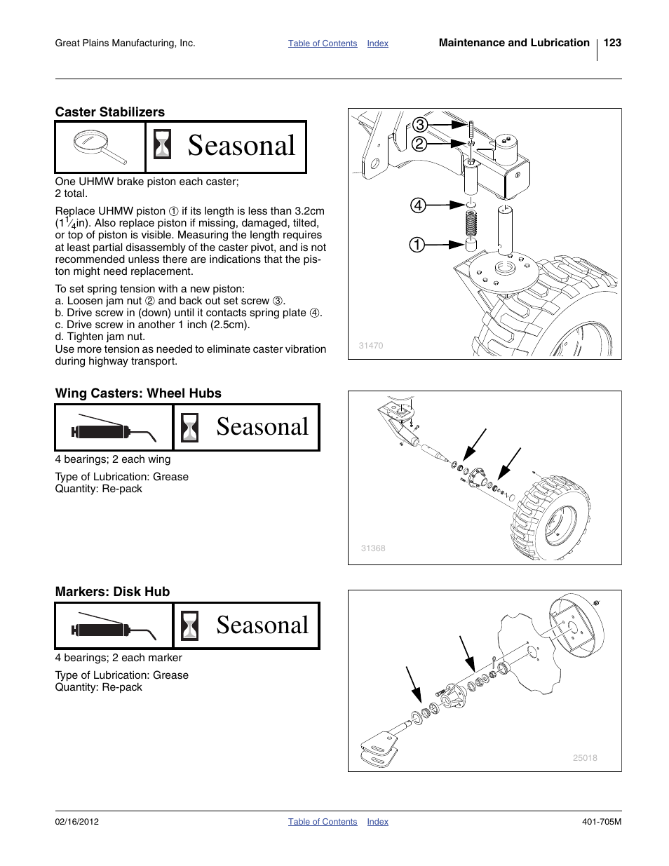 Caster stabilizers, Wing casters: wheel hubs, Markers: disk hub | Seasonal | Great Plains YP3025A Operator Manual User Manual | Page 127 / 190