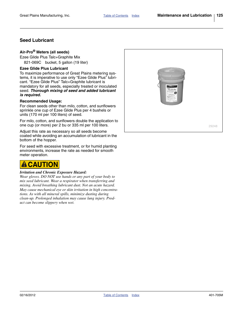 Seed lubricant, Air-pro® meters (all seeds), Ezee glide plus talc+graphite mix | Ezee glide plus lubricant | Great Plains YP3025A Operator Manual User Manual | Page 129 / 190