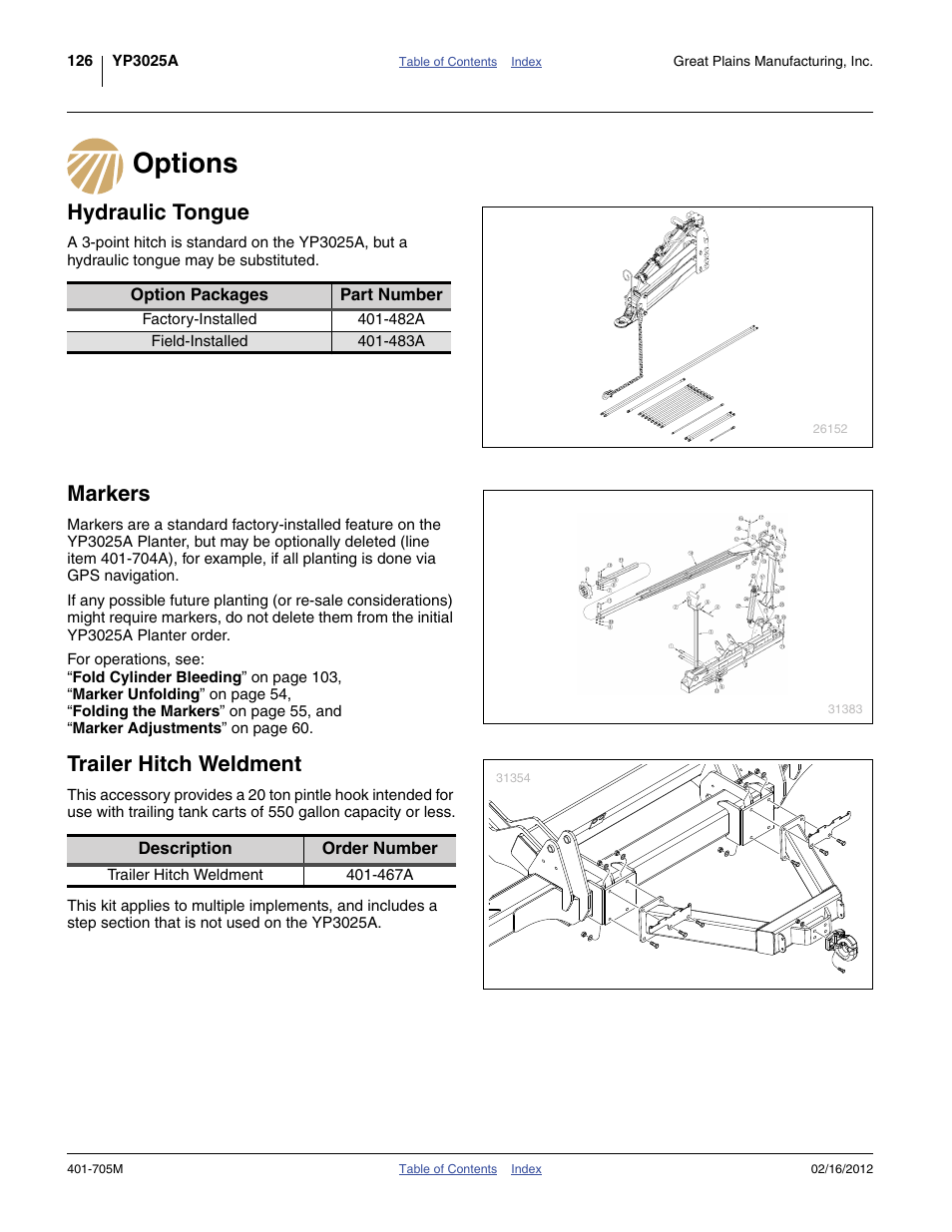 Options, Hydraulic tongue, Markers | Trailer hitch weldment | Great Plains YP3025A Operator Manual User Manual | Page 130 / 190