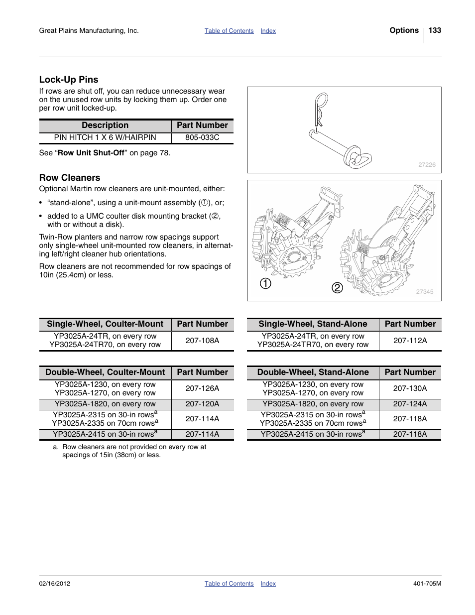 Lock-up pins, Row cleaners | Great Plains YP3025A Operator Manual User Manual | Page 137 / 190