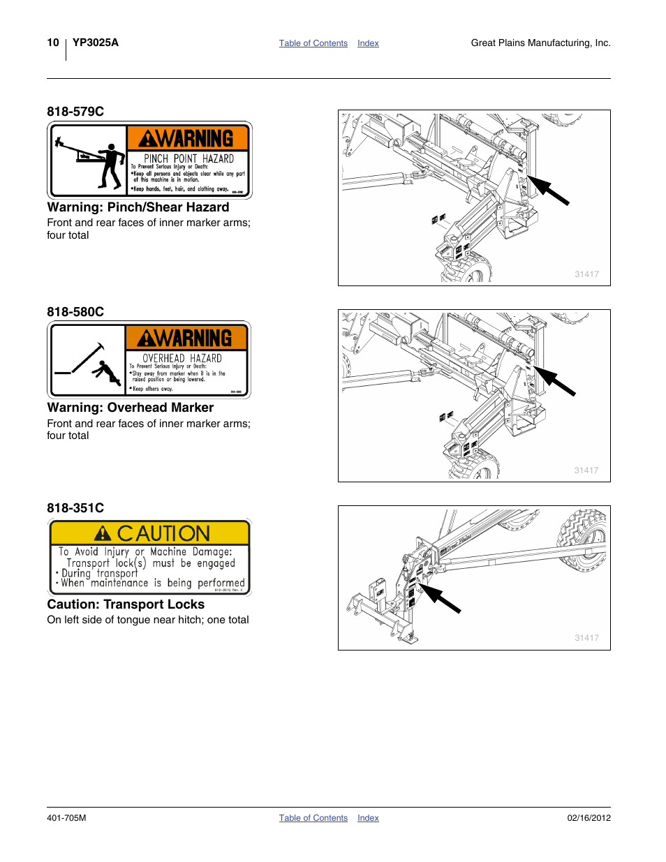 579c warning: pinch/shear hazard, 580c warning: overhead marker, 351c caution: transport locks | Great Plains YP3025A Operator Manual User Manual | Page 14 / 190