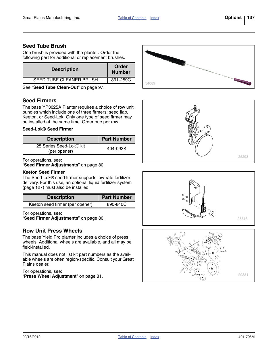 Seed tube brush, Seed firmers, Seed-lok® seed firmer | Keeton seed firmer, Row unit press wheels | Great Plains YP3025A Operator Manual User Manual | Page 141 / 190