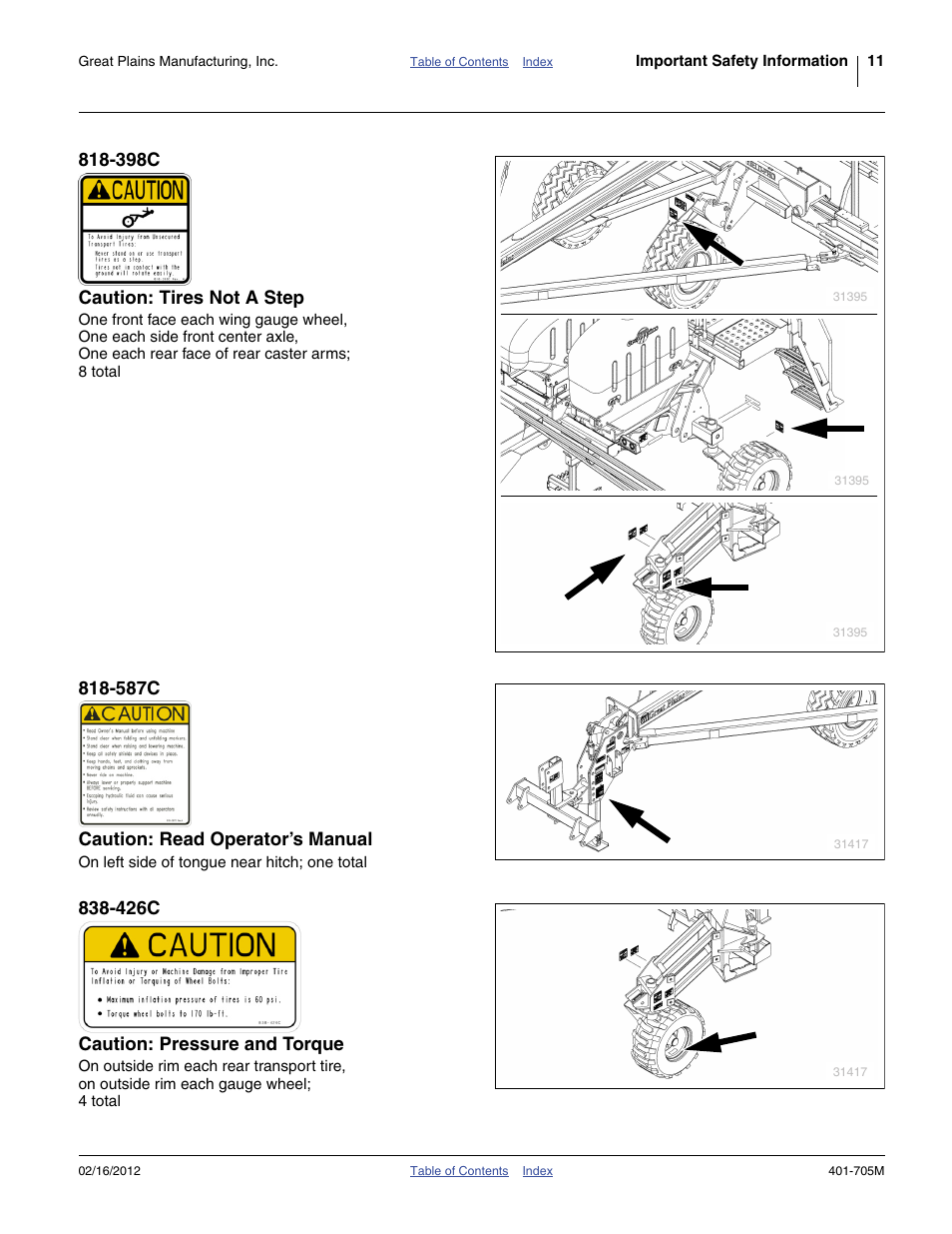 398c caution: tires not a step, 587c caution: read operator’s manual, 426c caution: pressure and torque | Great Plains YP3025A Operator Manual User Manual | Page 15 / 190