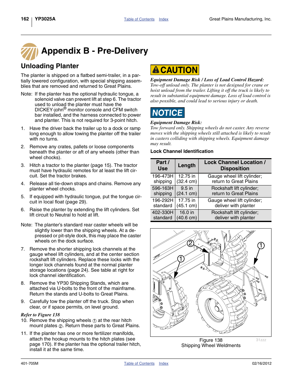 Appendix b - pre-delivery, Unloading planter, Lock channel identification | Great Plains YP3025A Operator Manual User Manual | Page 166 / 190