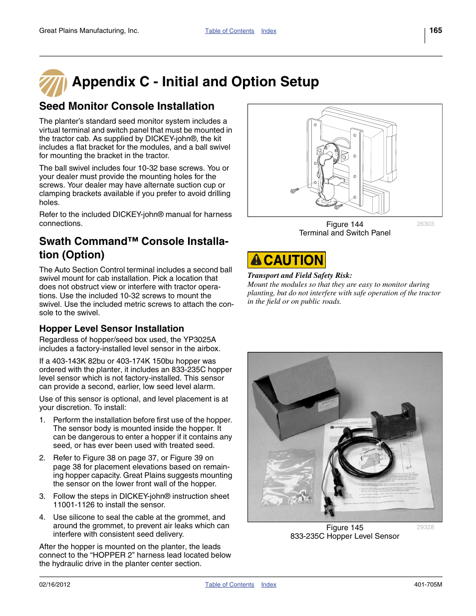 Appendix c - initial and option setup, Seed monitor console installation, Swath command™ console installation (option) | Hopper level sensor installation, Swath command™ console installa- tion (option) | Great Plains YP3025A Operator Manual User Manual | Page 169 / 190
