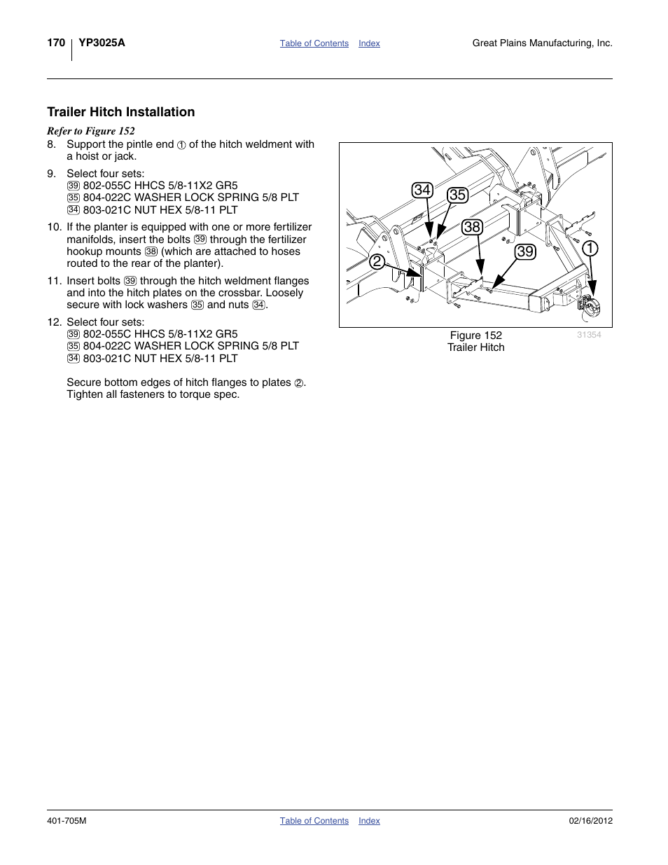 Trailer hitch installation | Great Plains YP3025A Operator Manual User Manual | Page 174 / 190