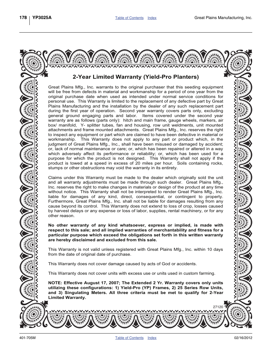 Warranty, Year limited warranty (yield-pro planters) | Great Plains YP3025A Operator Manual User Manual | Page 182 / 190