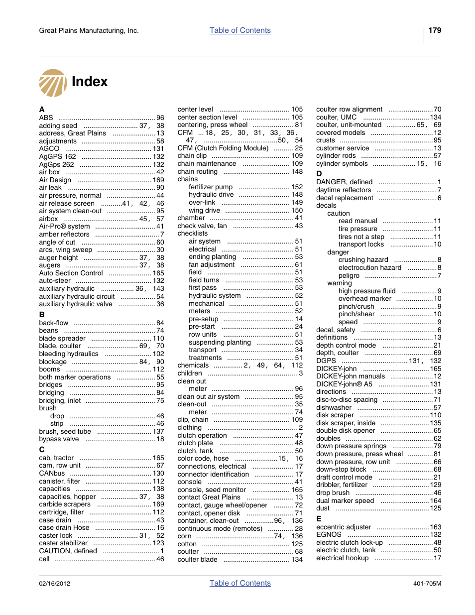 Index | Great Plains YP3025A Operator Manual User Manual | Page 183 / 190