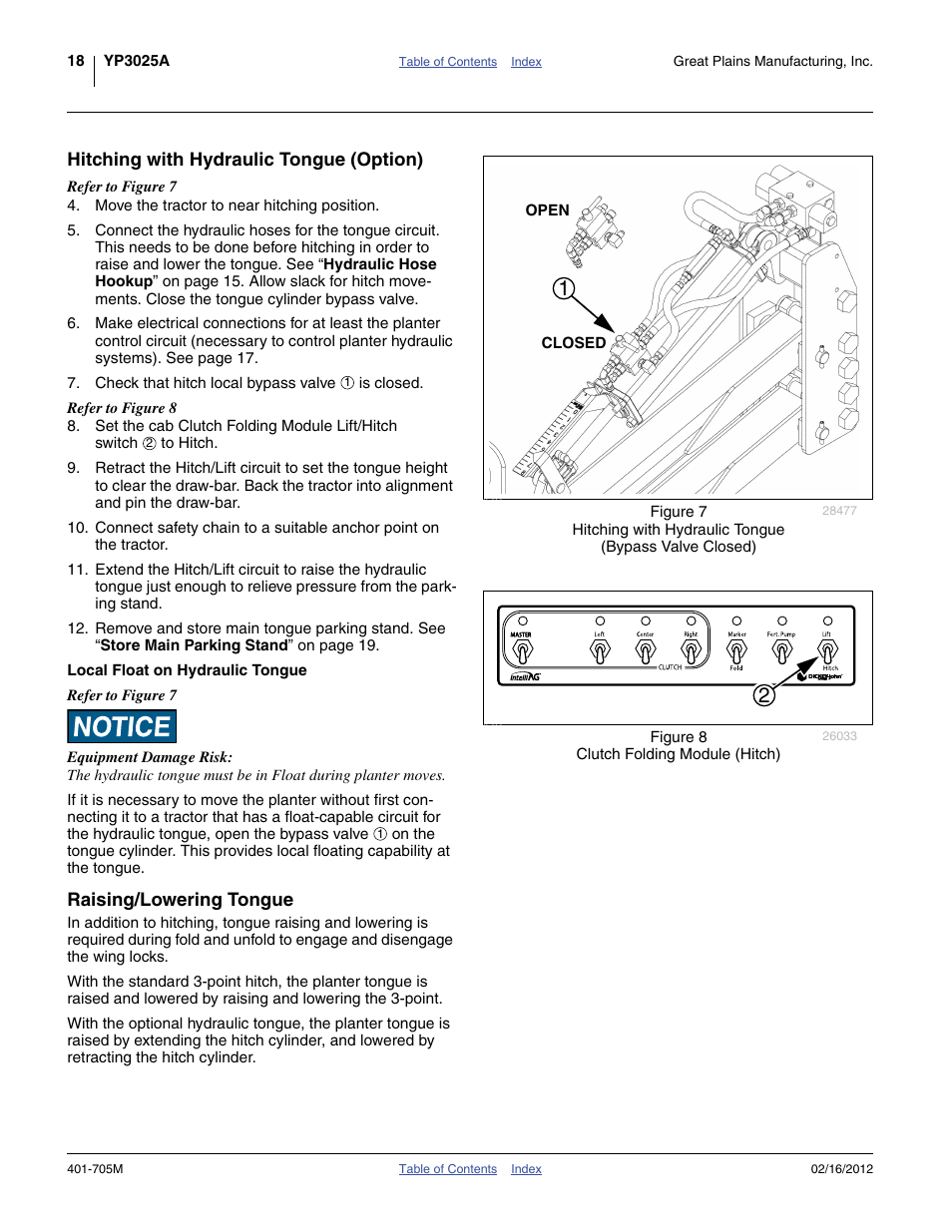 Hitching with hydraulic tongue (option), Local float on hydraulic tongue, Raising/lowering tongue | Great Plains YP3025A Operator Manual User Manual | Page 22 / 190