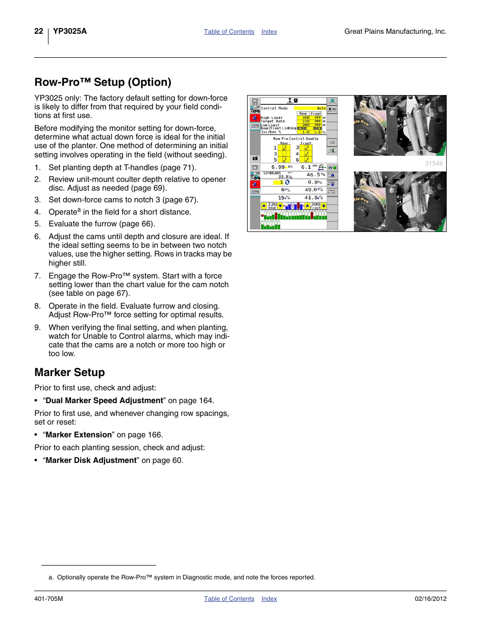 Row-pro™ setup (option), Marker setup, Row-pro™ setup (option) marker setup | Great Plains YP3025A Operator Manual User Manual | Page 26 / 190