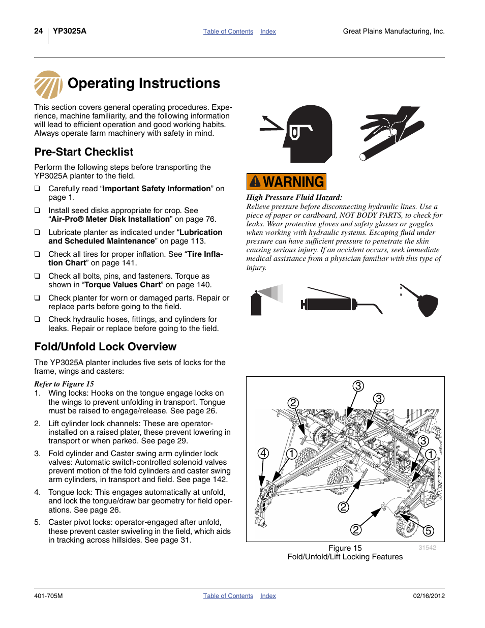 Operating instructions, Pre-start checklist, Fold/unfold lock overview | Great Plains YP3025A Operator Manual User Manual | Page 28 / 190