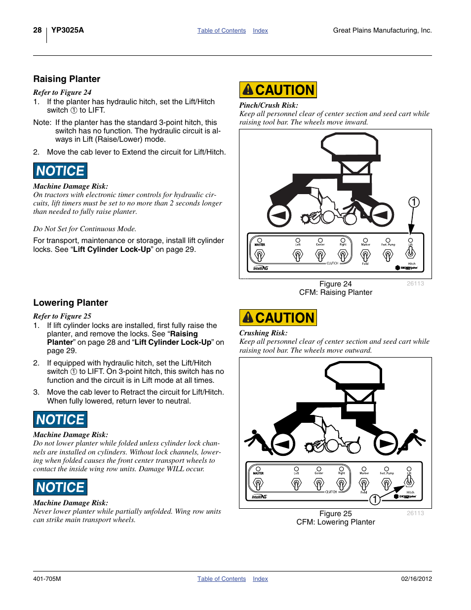 Raising planter, Lowering planter, Raising planter lowering planter | Great Plains YP3025A Operator Manual User Manual | Page 32 / 190