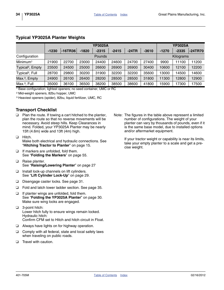 Typical yp3025a planter weights, Transport checklist | Great Plains YP3025A Operator Manual User Manual | Page 38 / 190