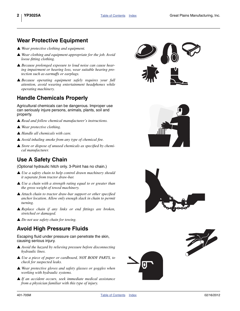 Wear protective equipment, Handle chemicals properly, Use a safety chain | Avoid high pressure fluids | Great Plains YP3025A Operator Manual User Manual | Page 6 / 190