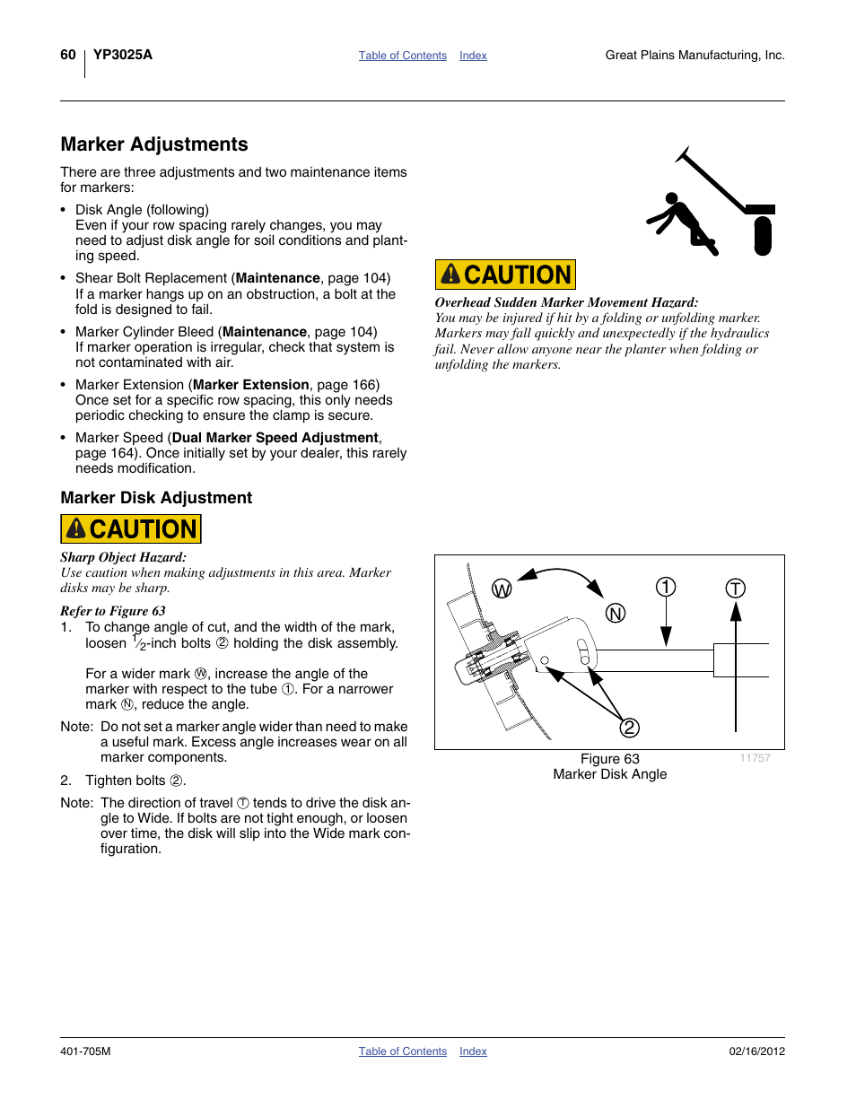 Marker adjustments, Marker disk adjustment, Nw t | Great Plains YP3025A Operator Manual User Manual | Page 64 / 190