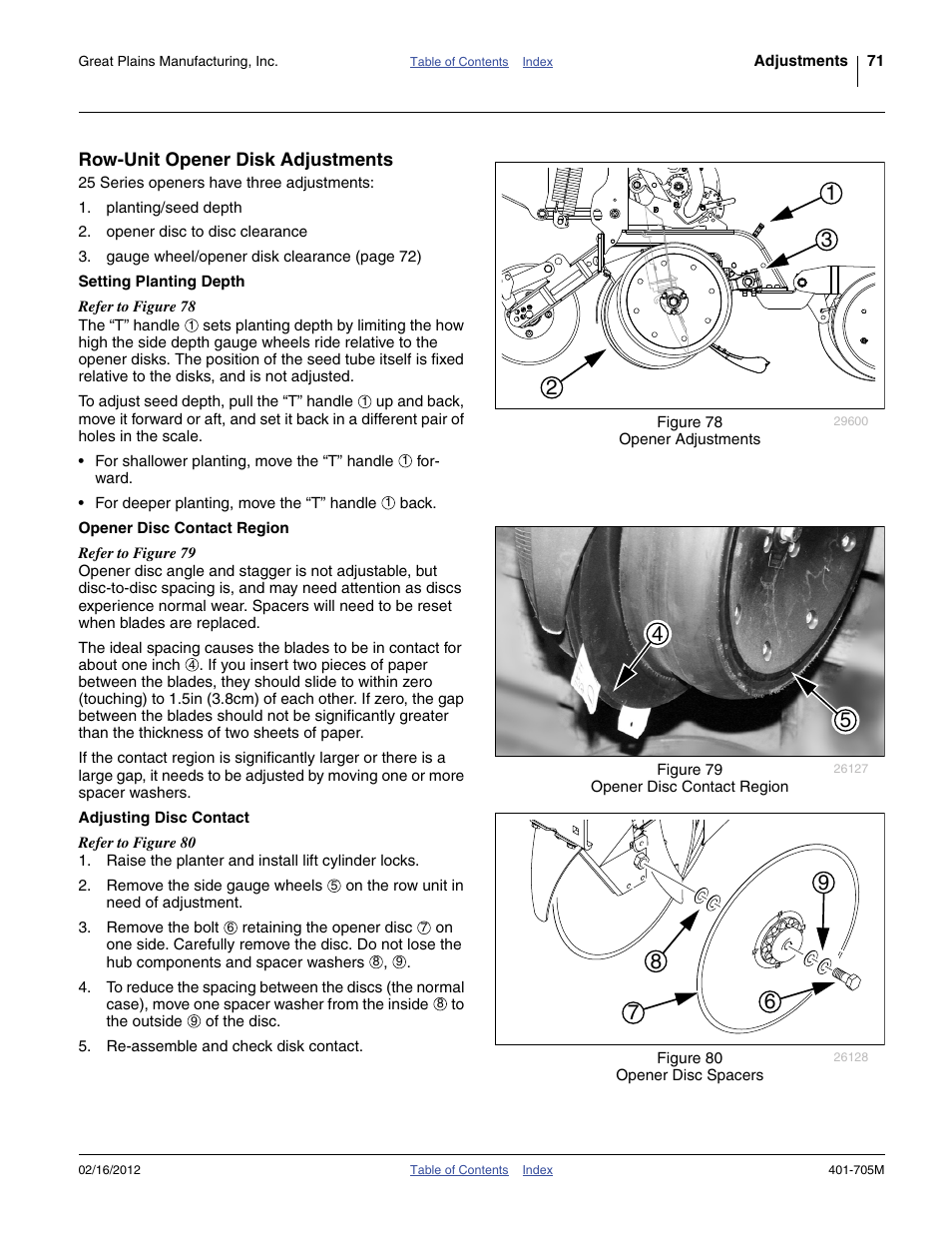 Row-unit opener disk adjustments, Setting planting depth, Opener disc contact region | Adjusting disc contact | Great Plains YP3025A Operator Manual User Manual | Page 75 / 190