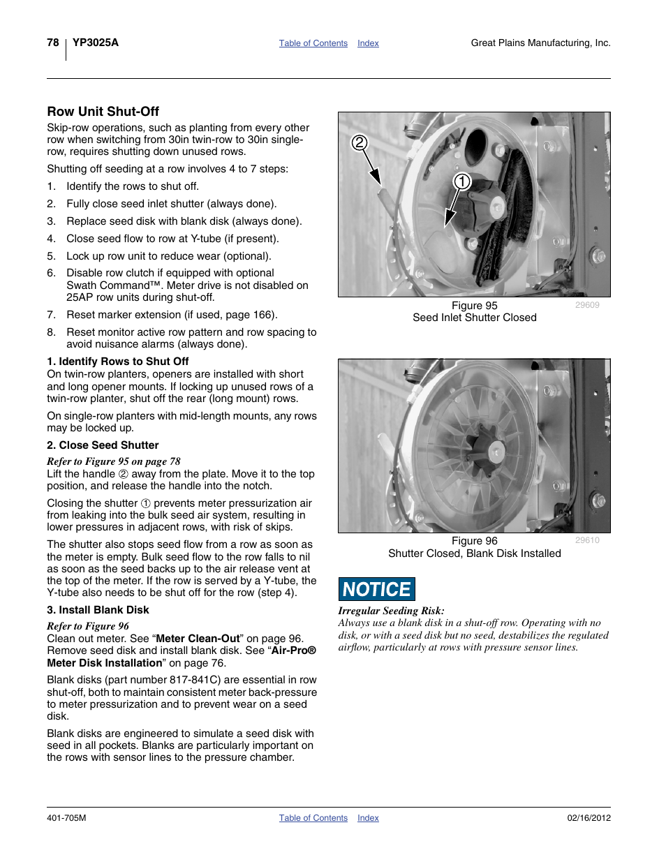 Row unit shut-off, Identify rows to shut off, Close seed shutter | Install blank disk | Great Plains YP3025A Operator Manual User Manual | Page 82 / 190