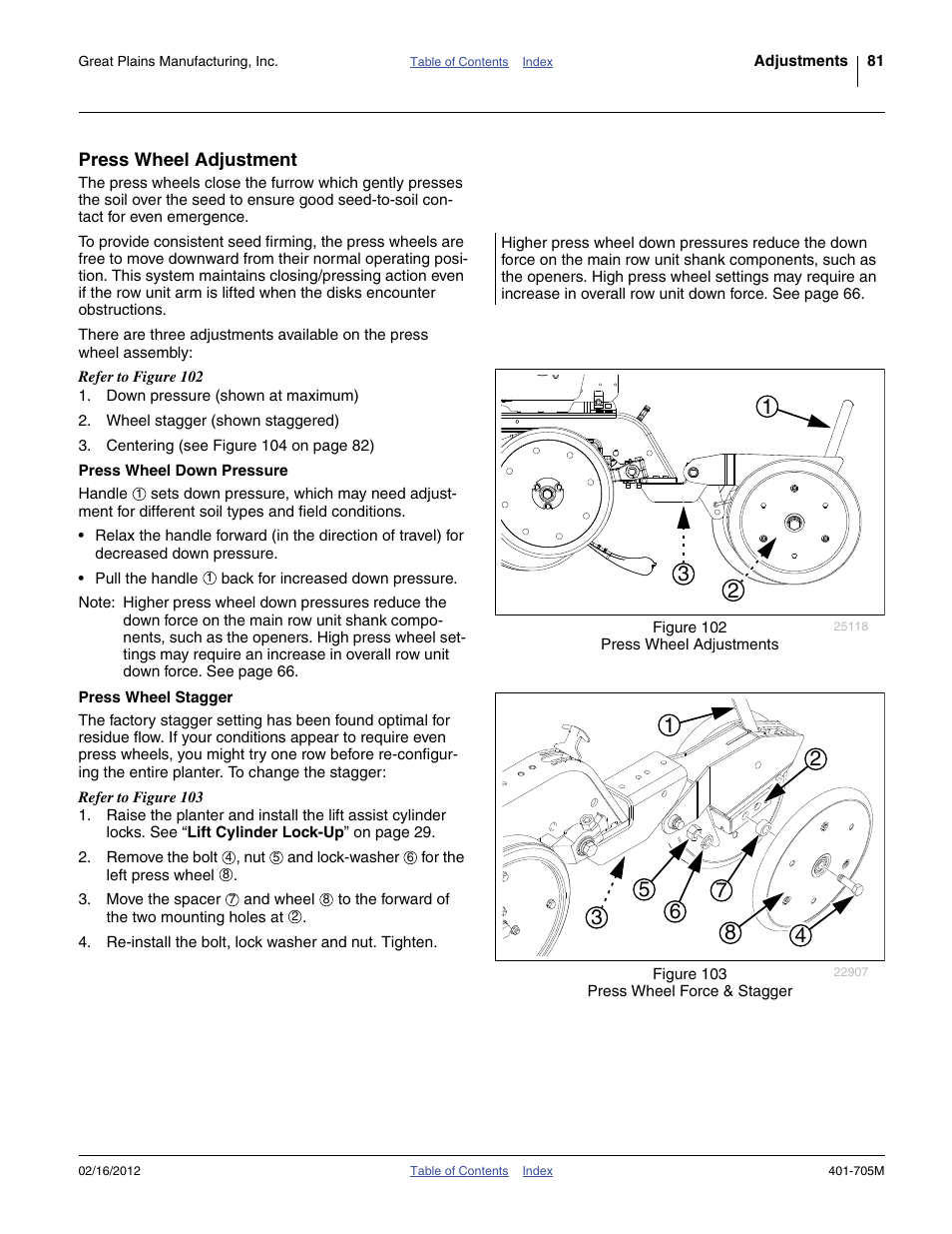 Press wheel adjustment, Press wheel down pressure, Press wheel stagger | Press wheel down pressure press wheel stagger | Great Plains YP3025A Operator Manual User Manual | Page 85 / 190