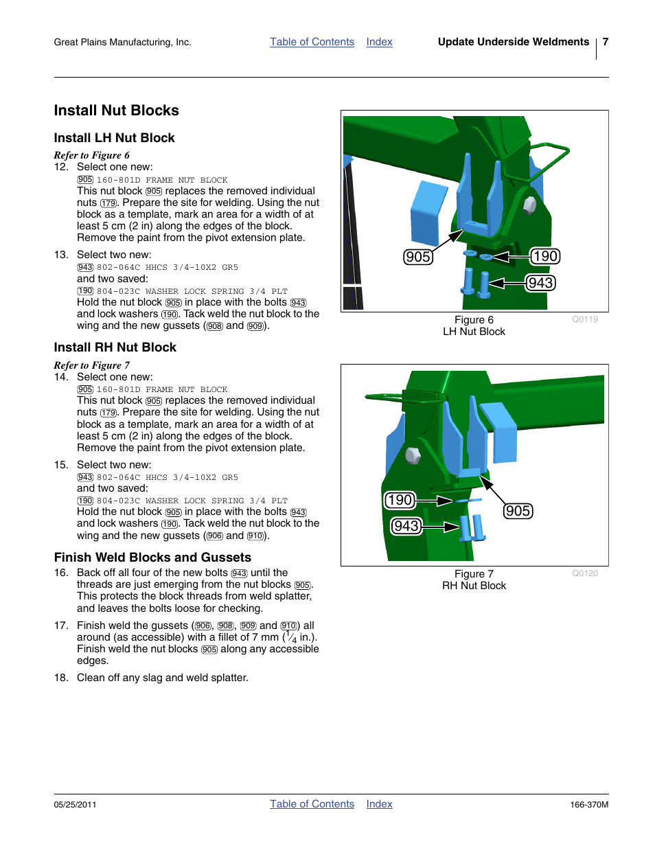 Install nut blocks, Install lh nut block, Install rh nut block | Finish weld blocks and gussets | Great Plains 2007HD  Update Installation User Manual | Page 11 / 106