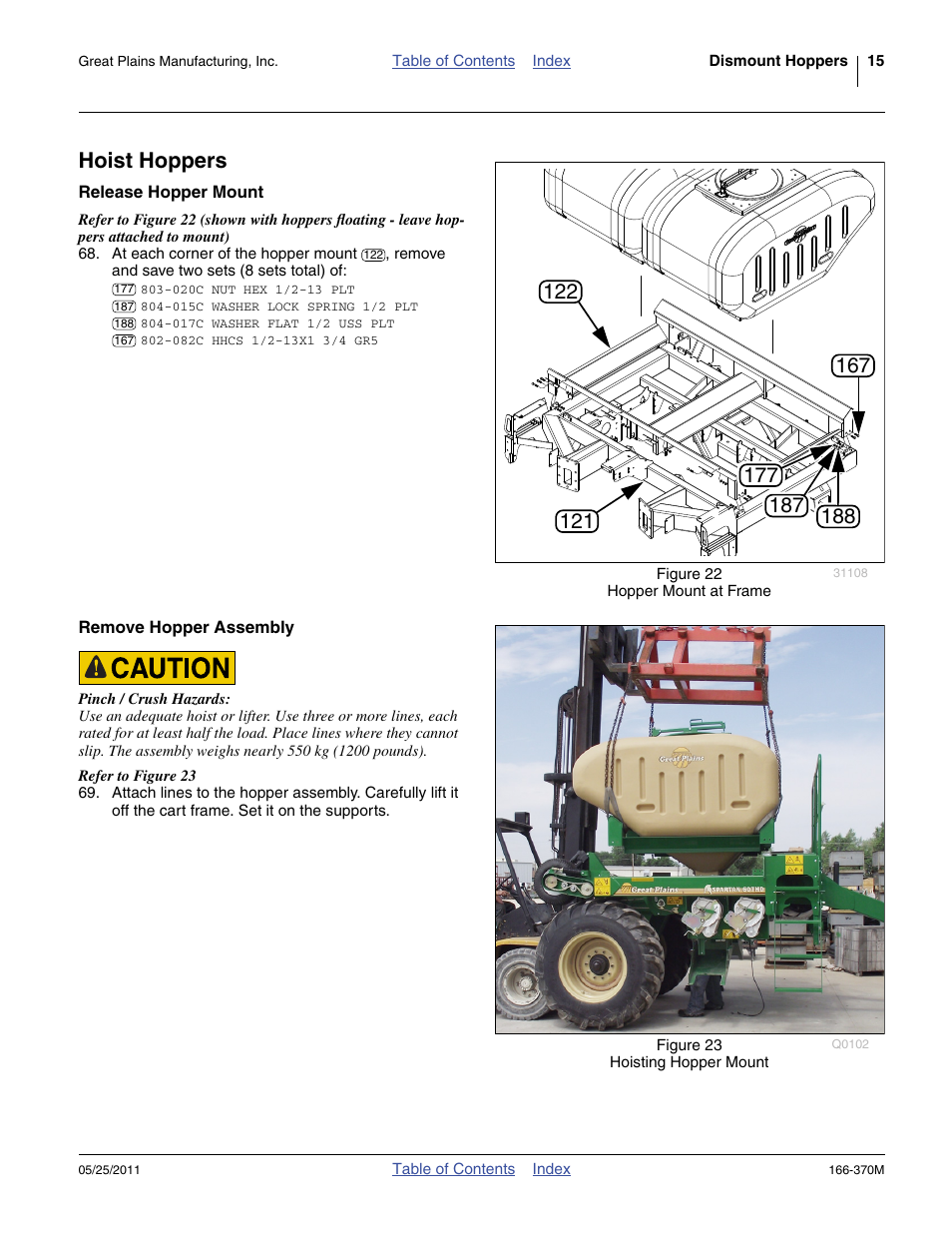 Hoist hoppers, Release hopper mount, Remove hopper assembly | Release hopper mount remove hopper assembly | Great Plains 2007HD  Update Installation User Manual | Page 19 / 106