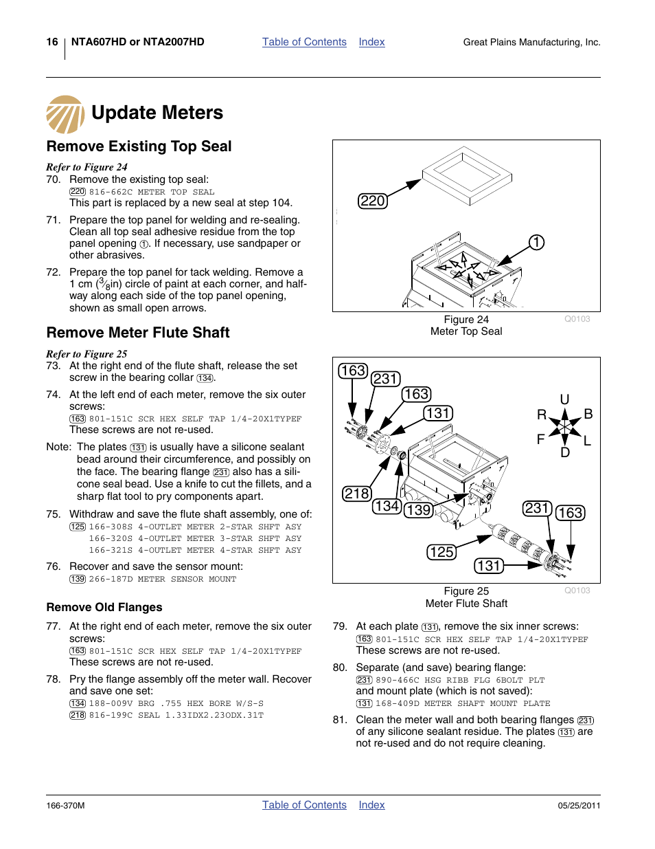 Update meters, Remove existing top seal, Remove meter flute shaft | Remove old flanges, Update meters remove existing top seal | Great Plains 2007HD  Update Installation User Manual | Page 20 / 106