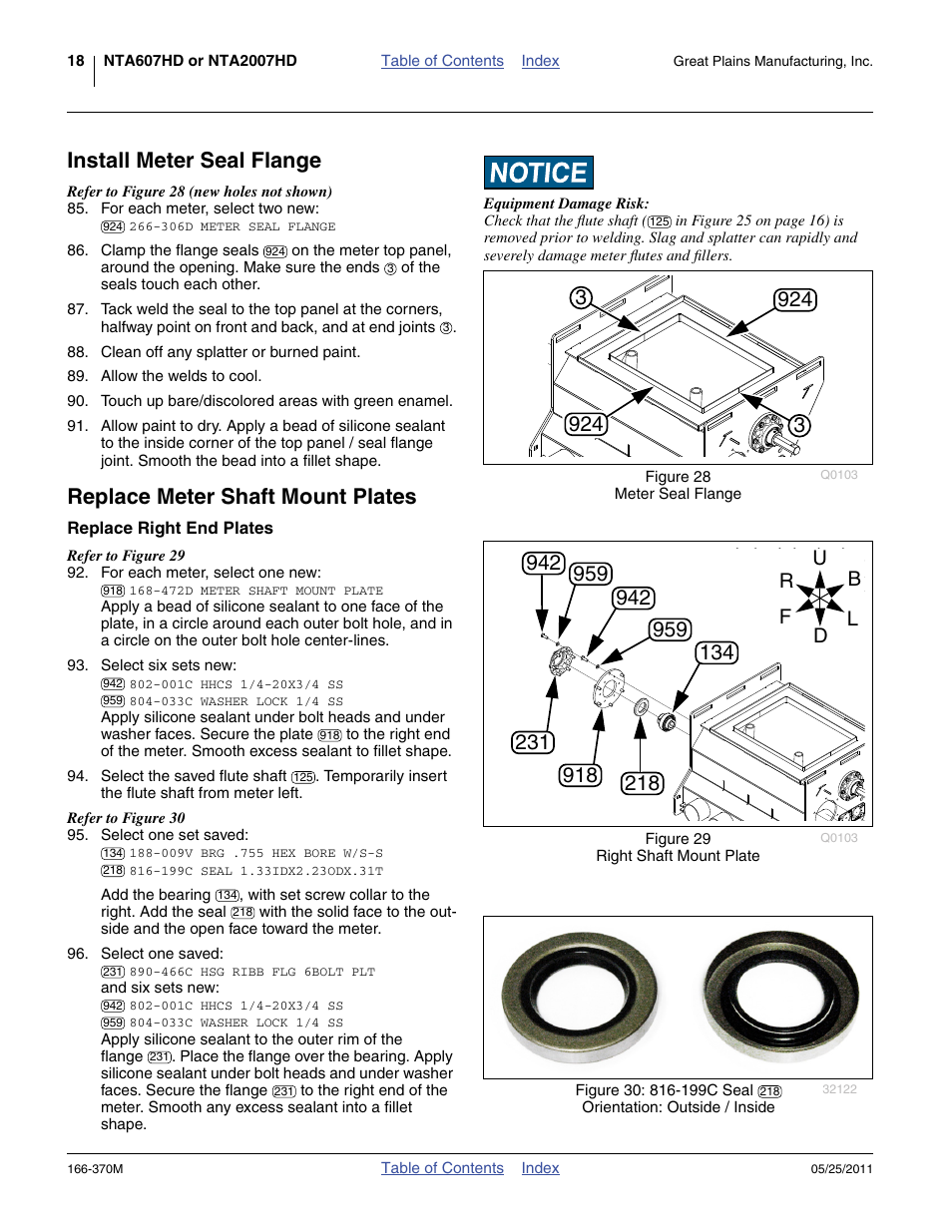 Install meter seal flange, Replace meter shaft mount plates, Replace right end plates | Great Plains 2007HD  Update Installation User Manual | Page 22 / 106