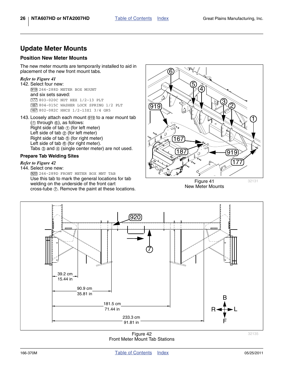Update meter mounts, Position new meter mounts, Prepare tab welding sites | Rl f b | Great Plains 2007HD  Update Installation User Manual | Page 30 / 106