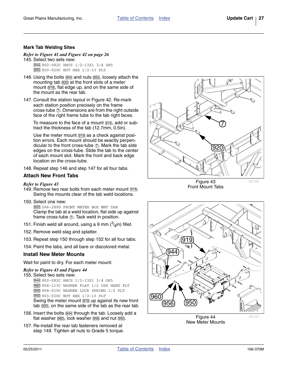 Mark tab welding sites, Attach new front tabs, Install new meter mounts | Attach new front tabs install new meter mounts | Great Plains 2007HD  Update Installation User Manual | Page 31 / 106