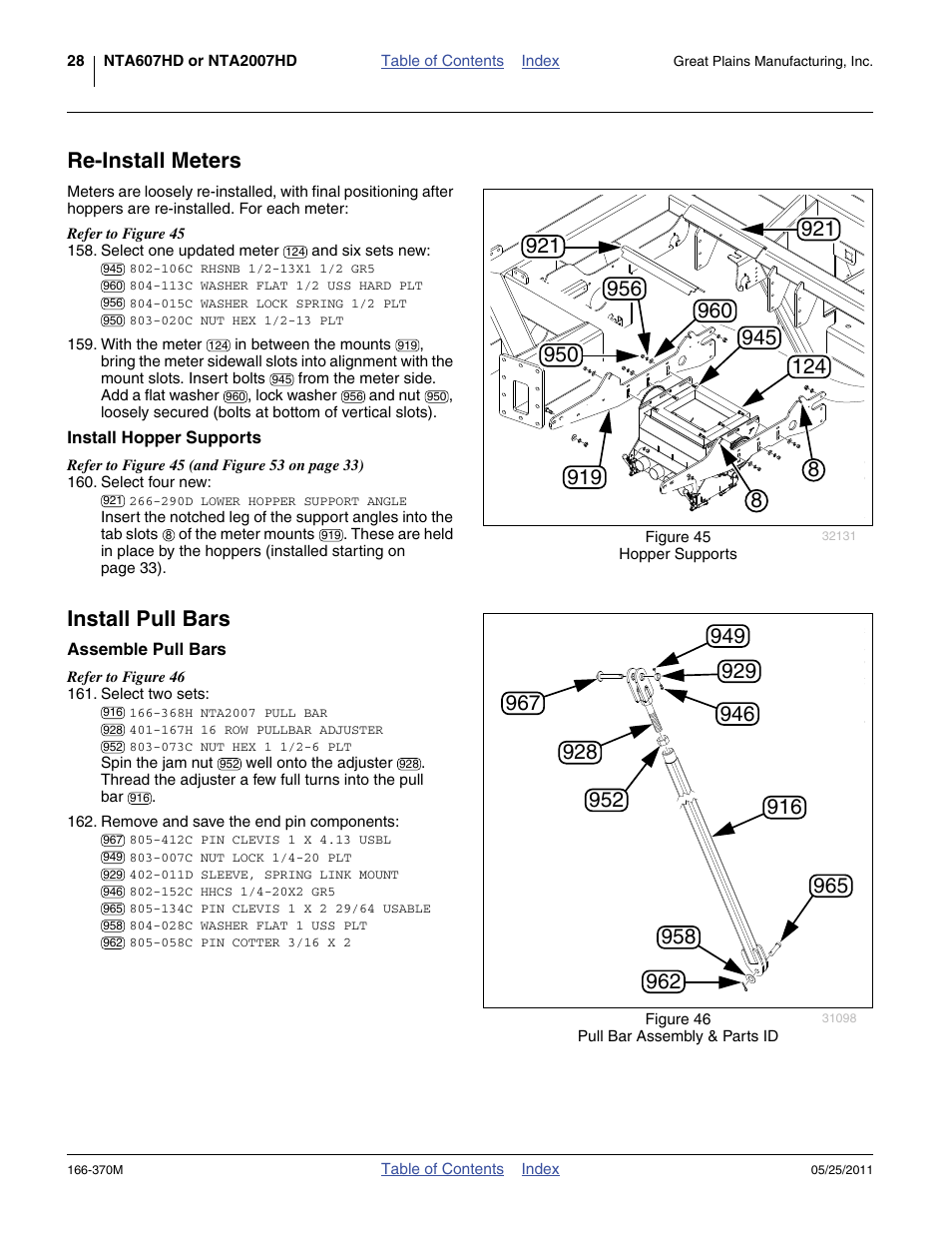 Re-install meters, Install hopper supports, Install pull bars | Assemble pull bars | Great Plains 2007HD  Update Installation User Manual | Page 32 / 106