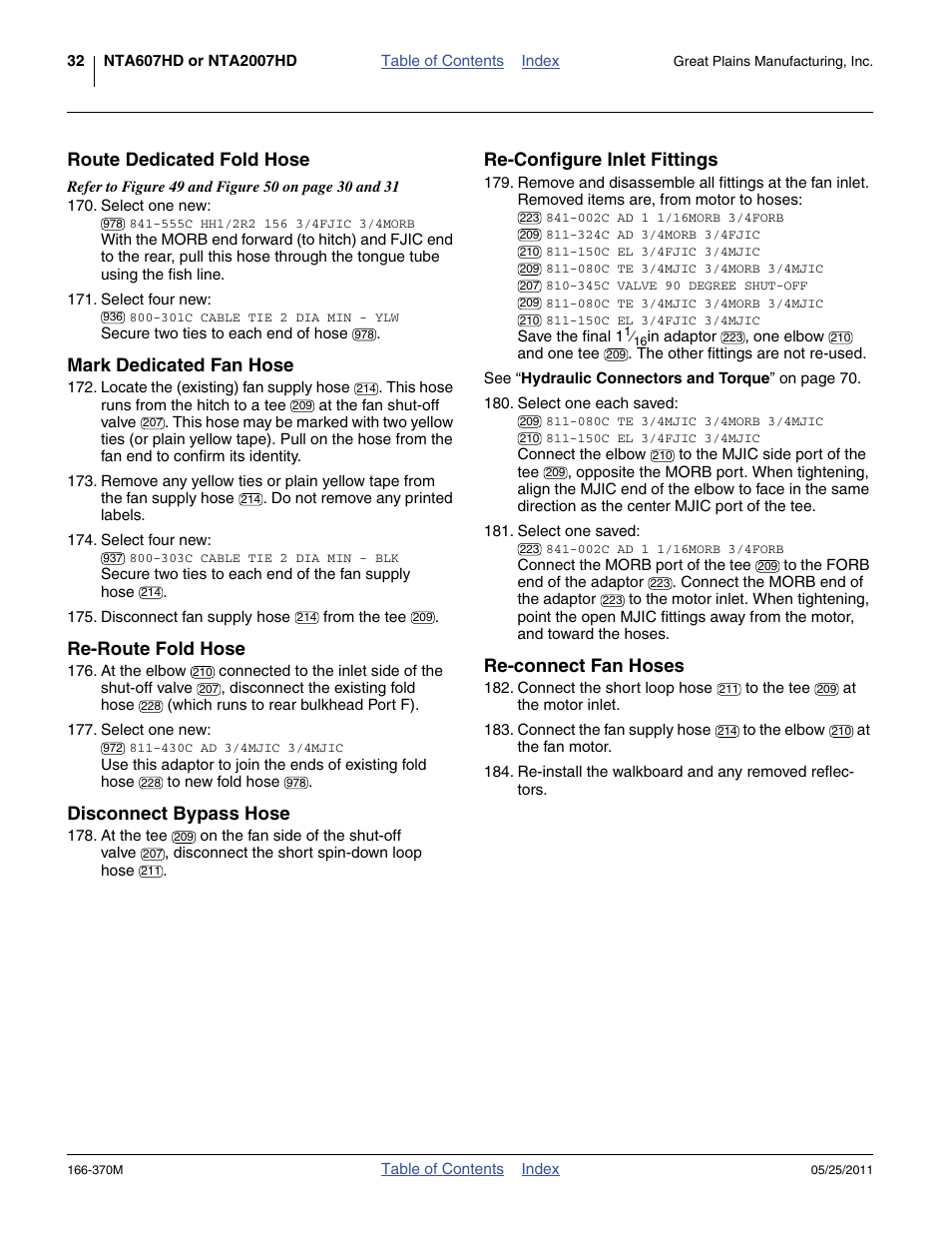 Route dedicated fold hose, Mark dedicated fan hose, Re-route fold hose | Disconnect bypass hose, Re-configure inlet fittings, Re-connect fan hoses | Great Plains 2007HD  Update Installation User Manual | Page 36 / 106