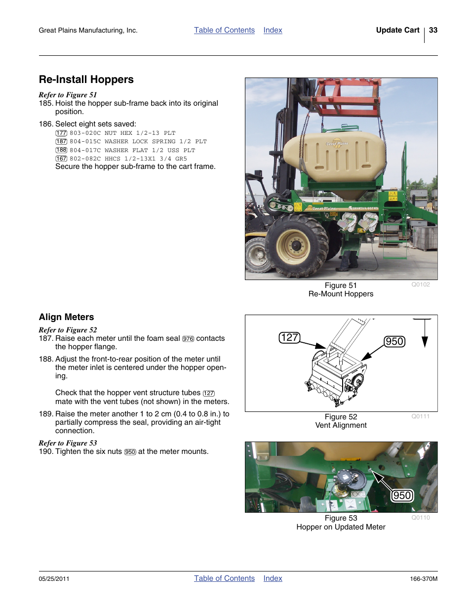 Re-install hoppers, Align meters | Great Plains 2007HD  Update Installation User Manual | Page 37 / 106