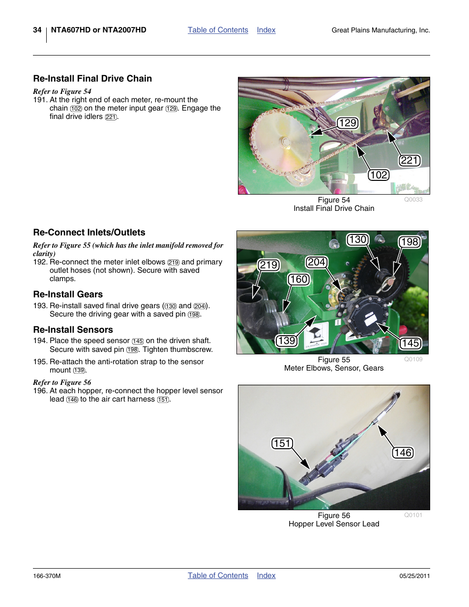 Re-install final drive chain, Re-connect inlets/outlets, Re-install gears | Re-install sensors | Great Plains 2007HD  Update Installation User Manual | Page 38 / 106