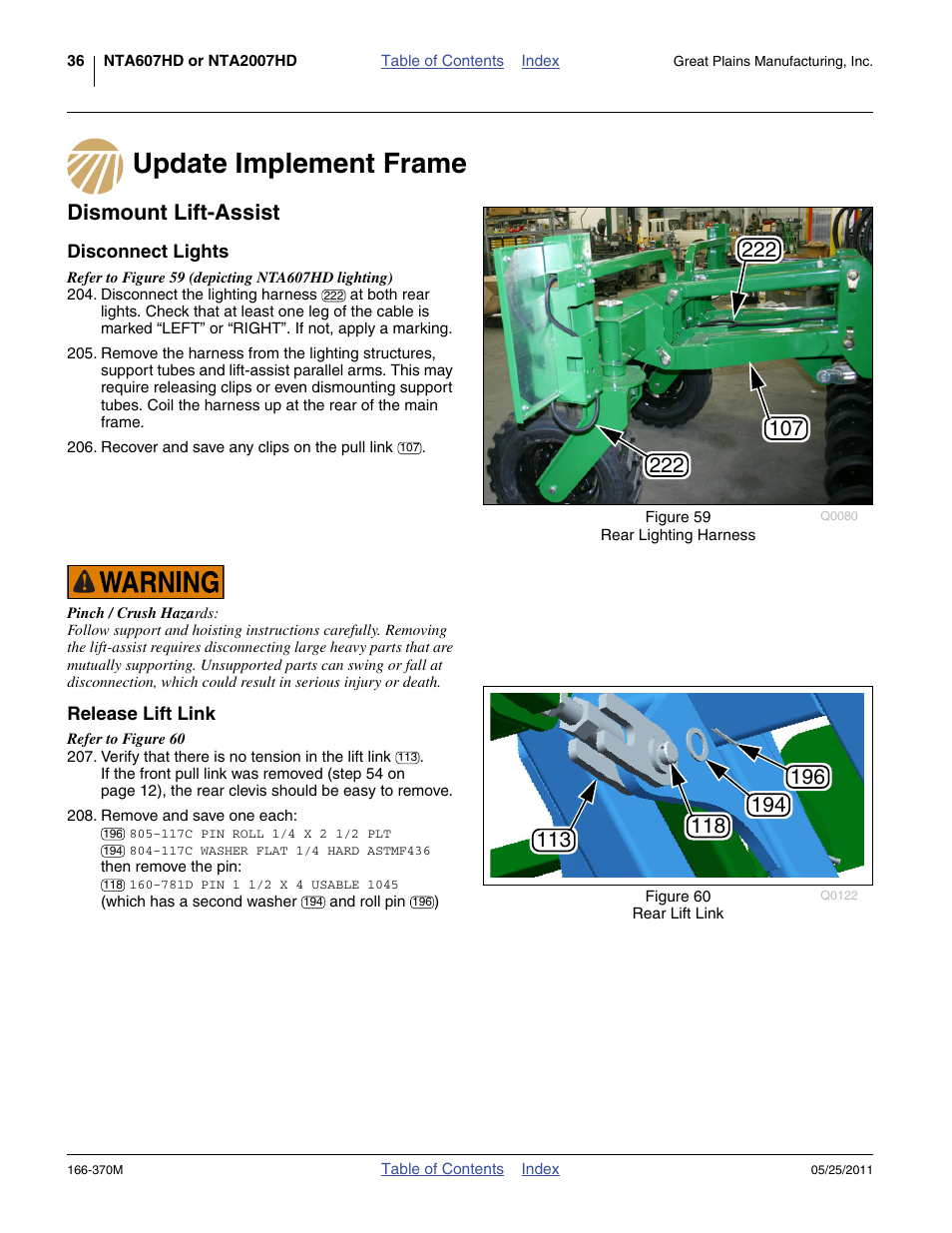 Update implement frame, Dismount lift-assist, Disconnect lights | Release lift link, Update implement frame dismount lift-assist, Disconnect lights release lift link | Great Plains 2007HD  Update Installation User Manual | Page 40 / 106