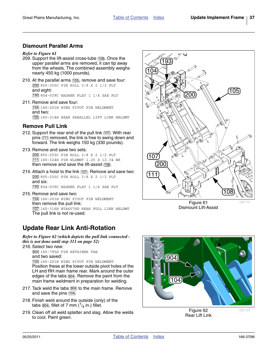 Dismount parallel arms, Remove pull link, Update rear link anti-rotation | Dismount parallel arms remove pull link | Great Plains 2007HD  Update Installation User Manual | Page 41 / 106