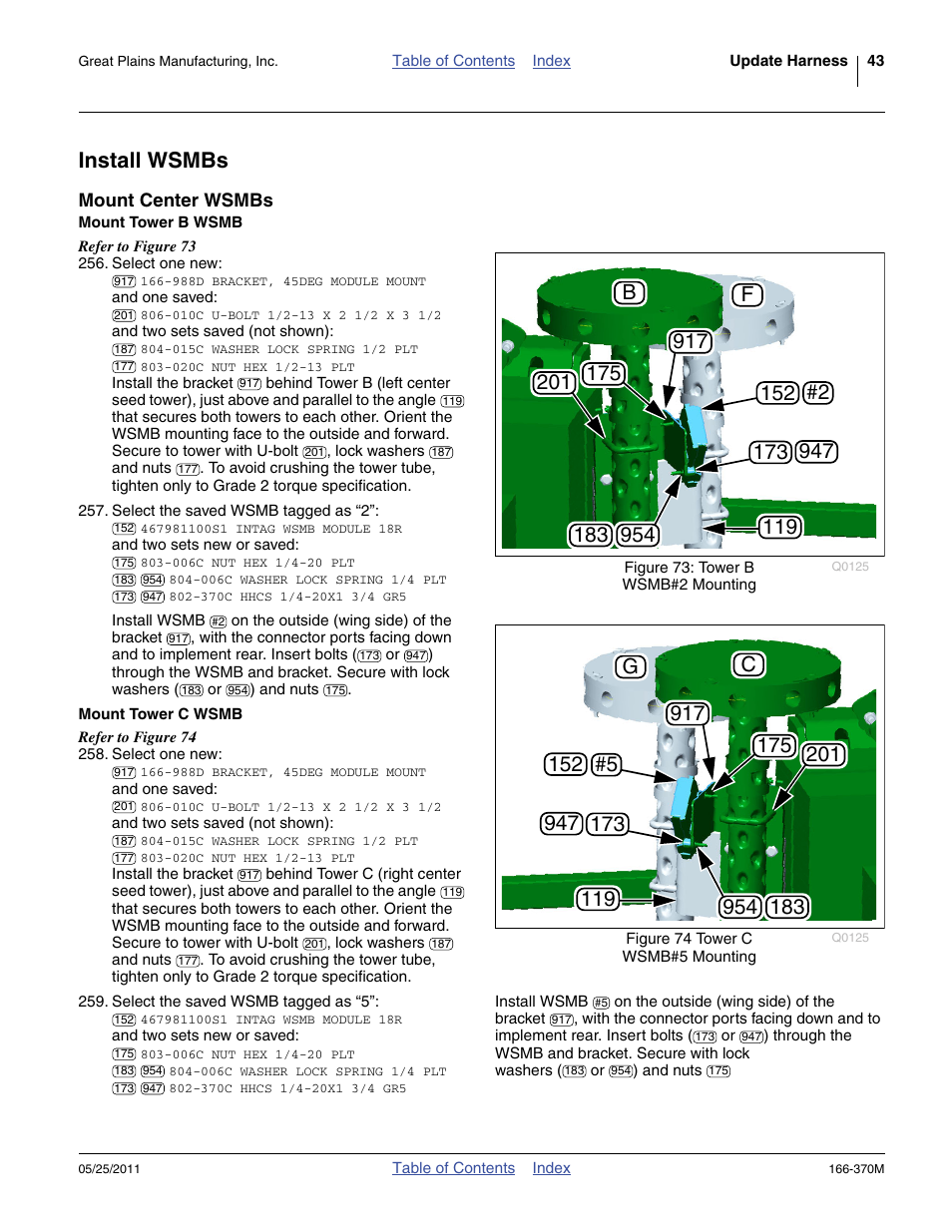 Install wsmbs, Mount center wsmbs, Mount tower b wsmb | Mount tower c wsmb, Mount tower b wsmb mount tower c wsmb | Great Plains 2007HD  Update Installation User Manual | Page 47 / 106