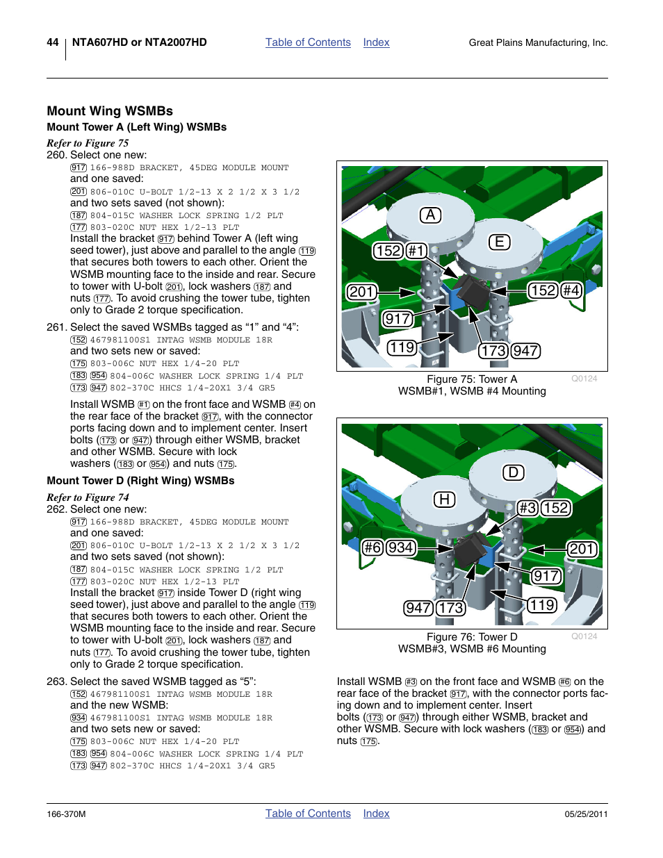 Mount wing wsmbs, Mount tower a (left wing) wsmbs, Mount tower d (right wing) wsmbs | Great Plains 2007HD  Update Installation User Manual | Page 48 / 106