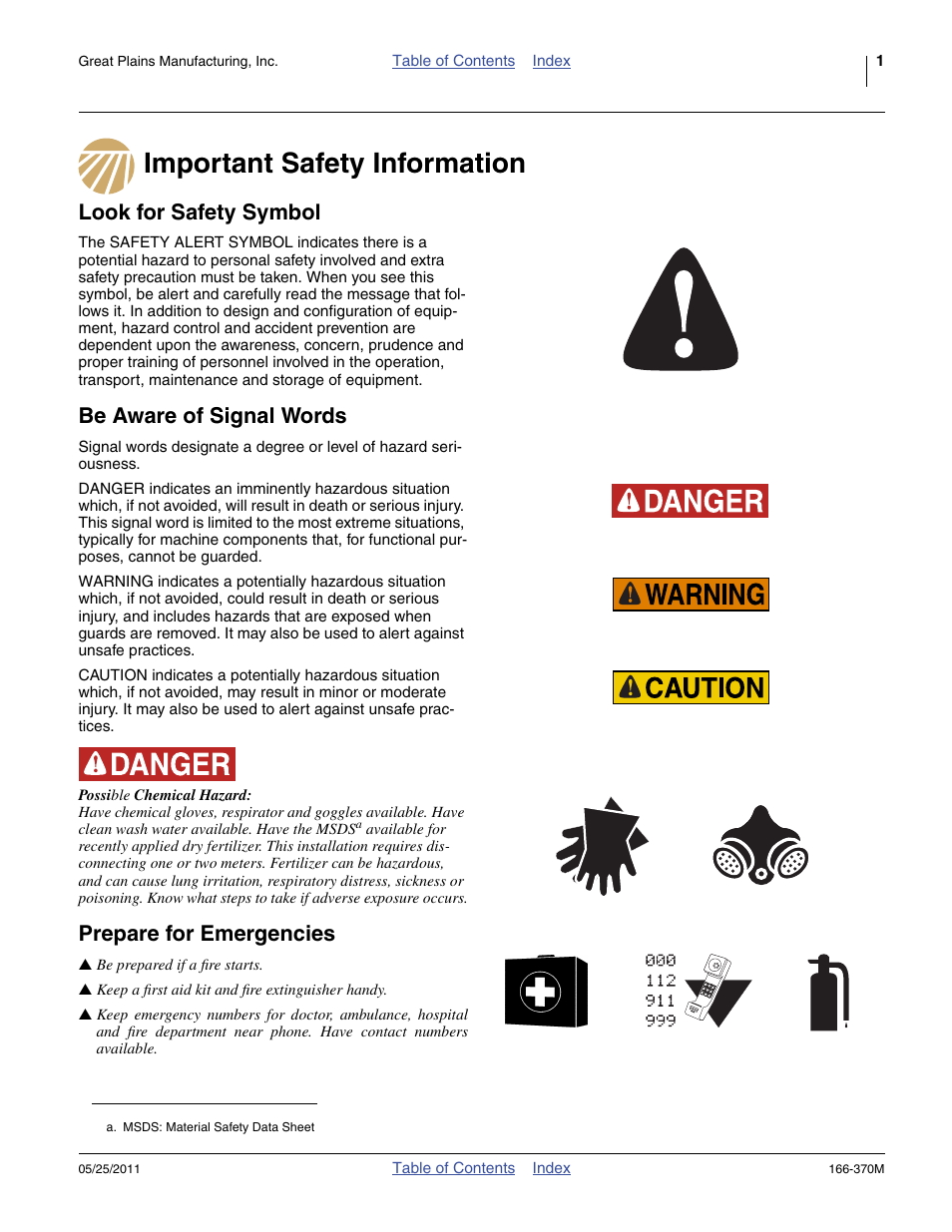 Important safety information, Look for safety symbol, Be aware of signal words | Prepare for emergencies | Great Plains 2007HD  Update Installation User Manual | Page 5 / 106