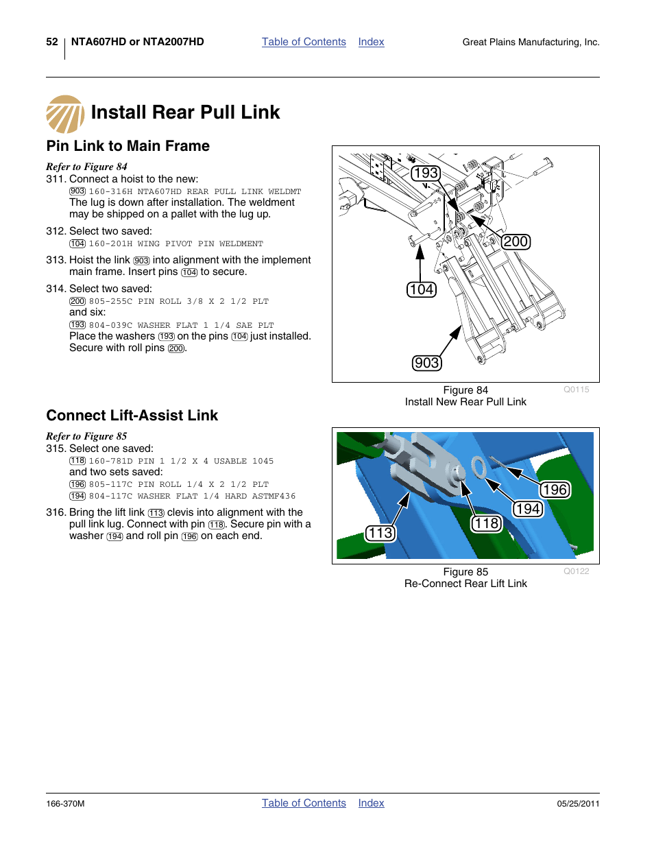 Install rear pull link, Pin link to main frame, Connect lift-assist link | Great Plains 2007HD  Update Installation User Manual | Page 56 / 106