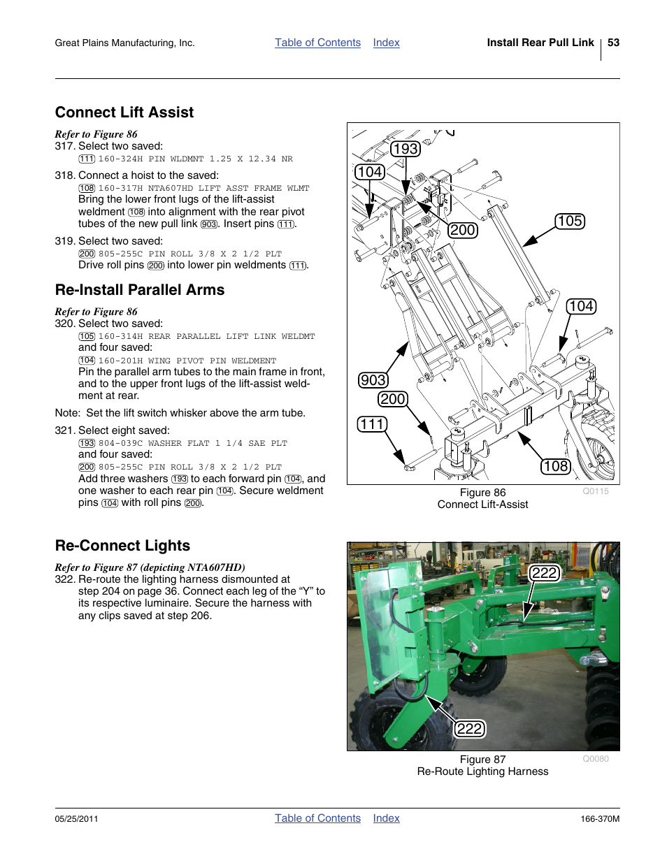 Connect lift assist, Re-install parallel arms, Re-connect lights | Great Plains 2007HD  Update Installation User Manual | Page 57 / 106