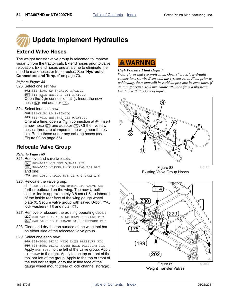 Update implement hydraulics, Extend valve hoses, Relocate valve group | Great Plains 2007HD  Update Installation User Manual | Page 58 / 106