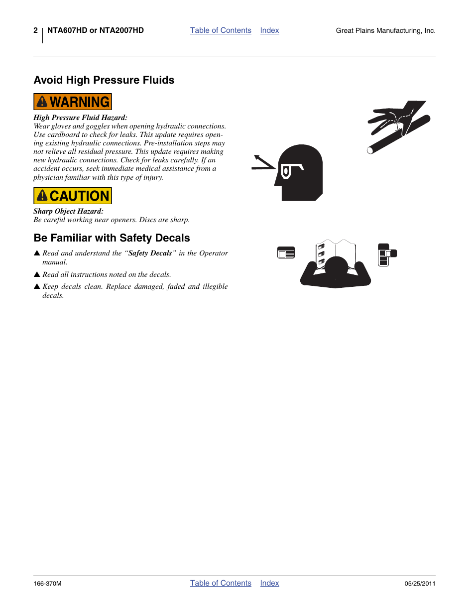 Avoid high pressure fluids, Be familiar with safety decals | Great Plains 2007HD  Update Installation User Manual | Page 6 / 106
