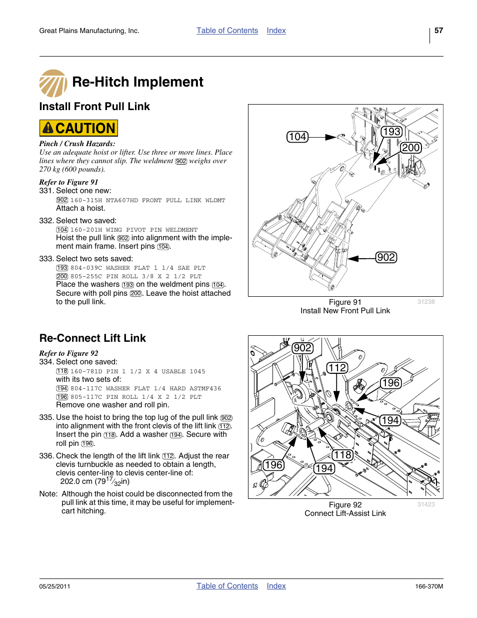 Re-hitch implement, Install front pull link, Re-connect lift link | Great Plains 2007HD  Update Installation User Manual | Page 61 / 106