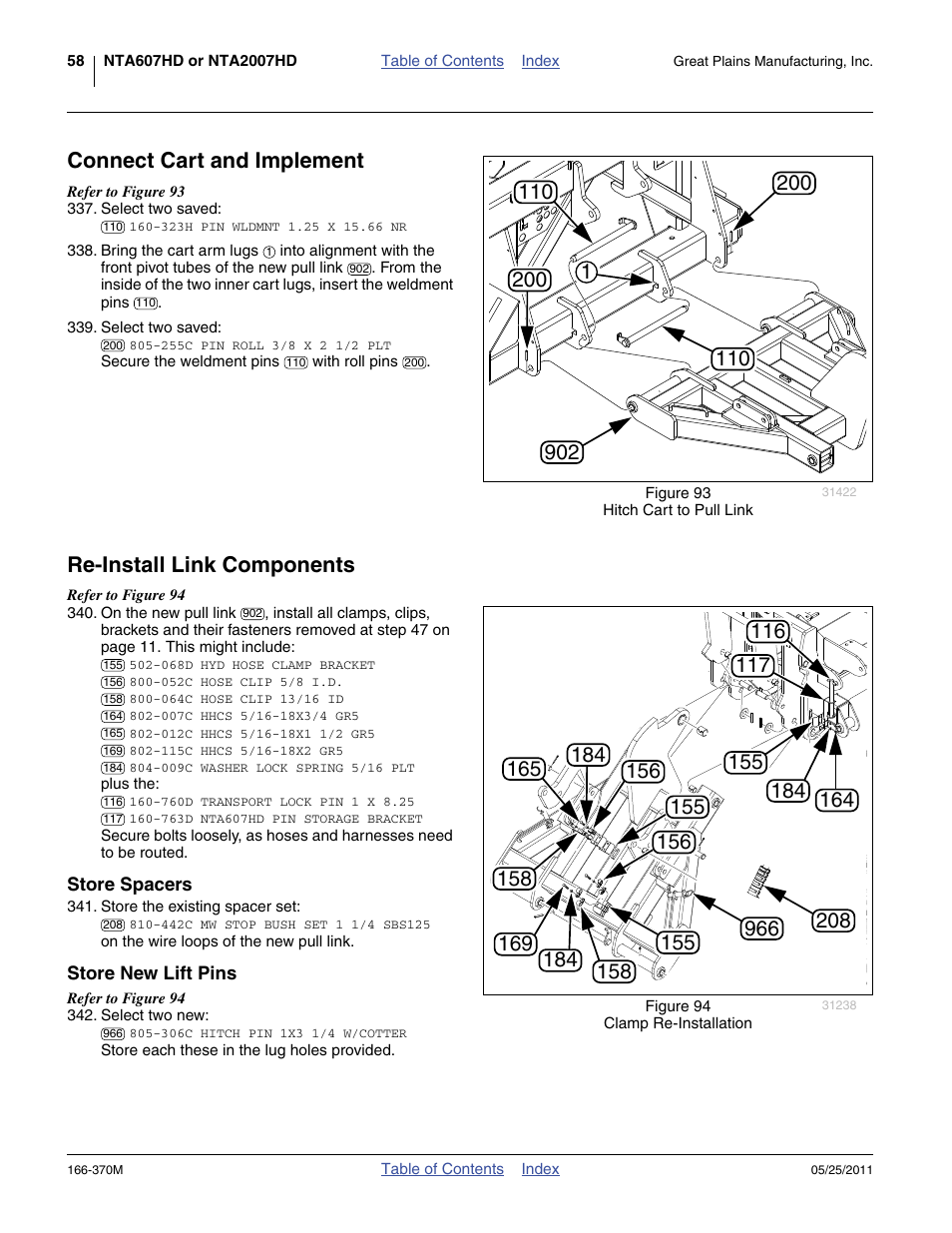Connect cart and implement, Re-install link components, Store spacers | Store new lift pins, Store spacers store new lift pins | Great Plains 2007HD  Update Installation User Manual | Page 62 / 106