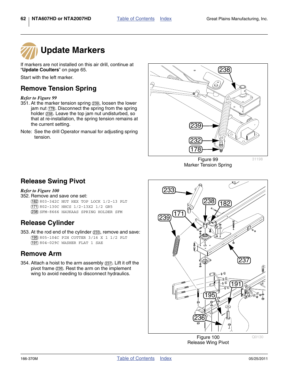 Update markers, Remove tension spring, Release swing pivot | Release cylinder, Remove arm | Great Plains 2007HD  Update Installation User Manual | Page 66 / 106