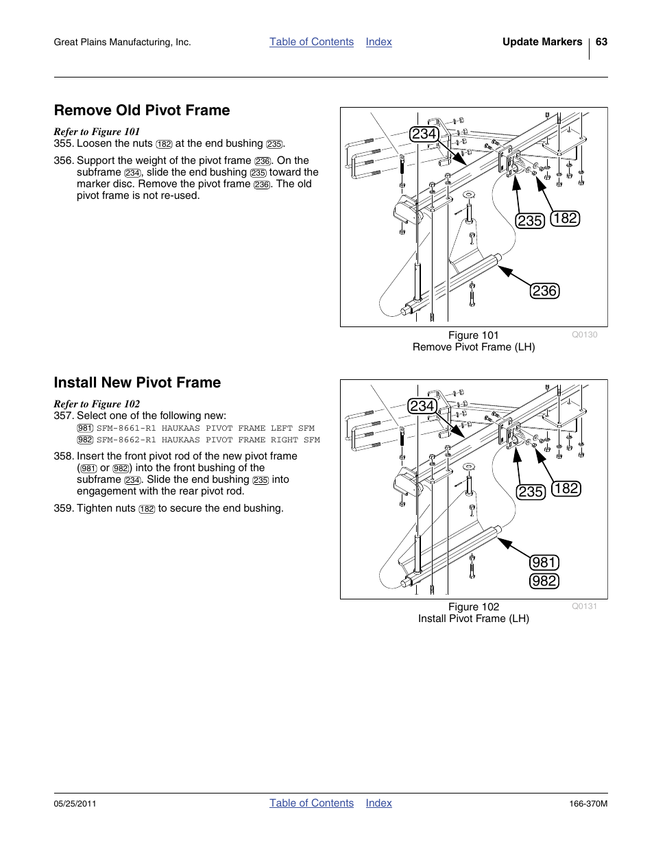 Remove old pivot frame, Install new pivot frame, Remove old pivot frame install new pivot frame | Great Plains 2007HD  Update Installation User Manual | Page 67 / 106
